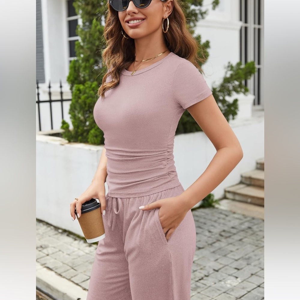 Ekouaer 2 Piece Lounge Set Ruched Short Sleeve Pajama Set High Waisted Wide Pant